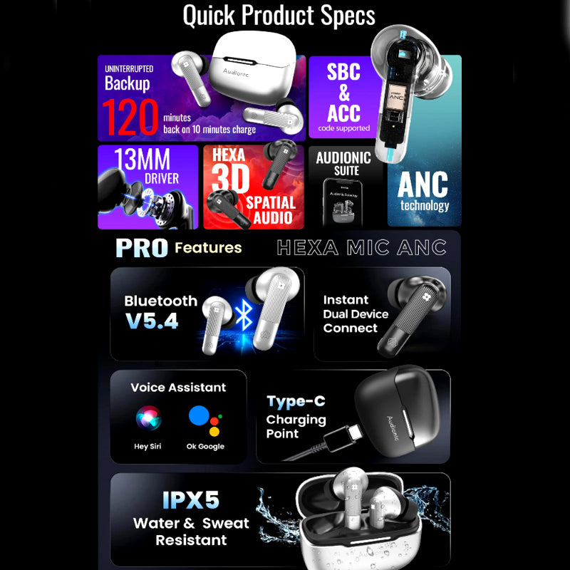 🎧Audionic Trance Airbud 850 – Hexa Mic ANC Wireless Earbuds – 50H Playtime, 45ms Low Latency, 3D Spatial Audio, IPX5 Water Resistant and BT 5.4 TWS Earphones